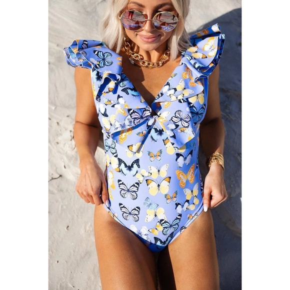 Buddy Love‎ Butterfly Ruffle One Piece Swimsuit Plunge Neckline XL - Picture 1 of 8